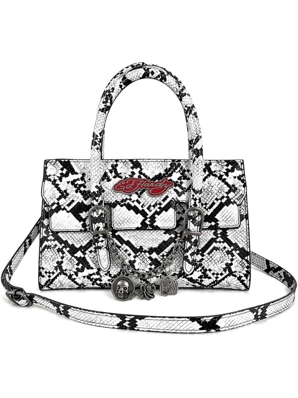 NEW! ED HARDY Rebel White Python Satchel Handbag White Grey